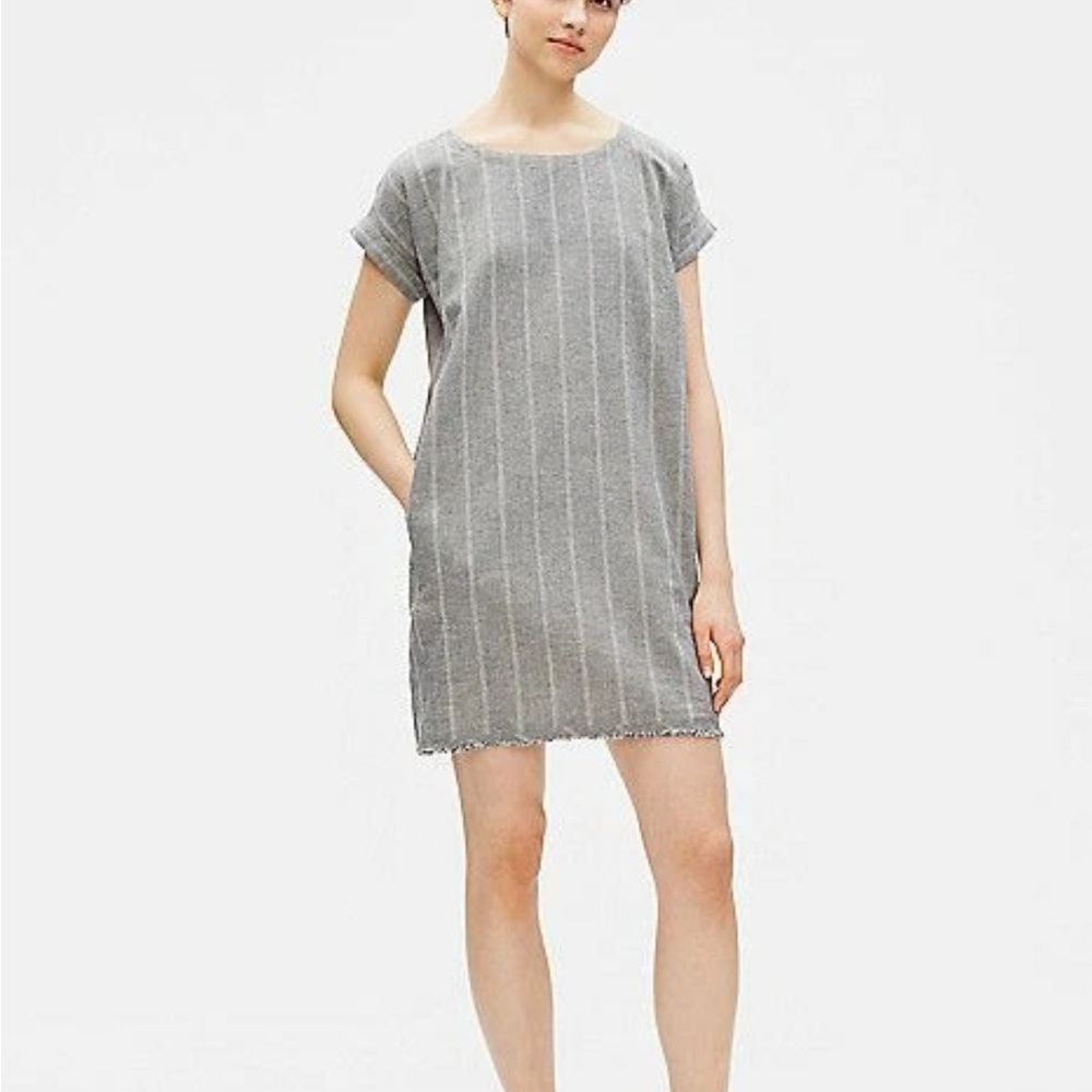 Eileen Fisher Gray Striped Hemp Organi Cotton Short Sleeve Shift Dress Sz XXS
